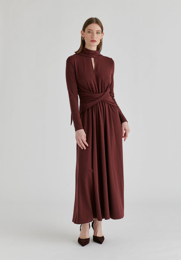 Lyocell Jersey Midi Dress with Cross Front Waist and Convertible Scarf in WIne Front