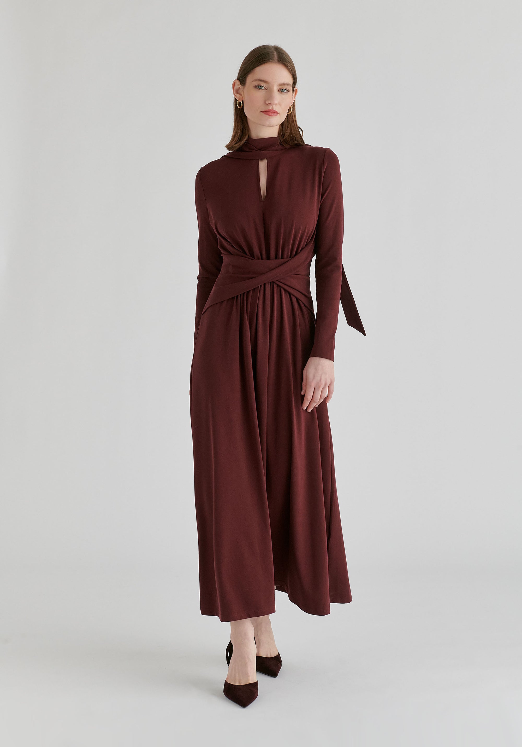 Lyocell Jersey Midi Dress with Cross Front Waist and Convertible Scarf