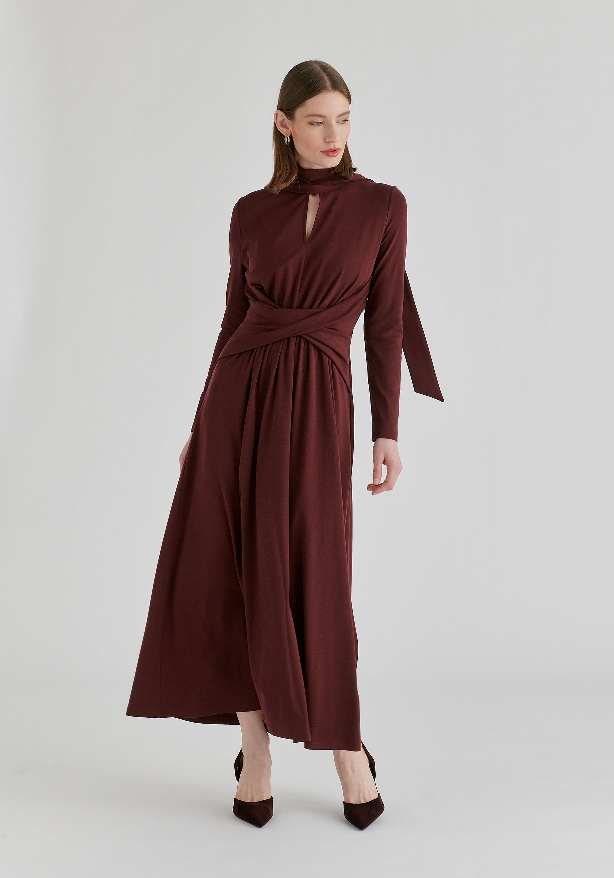Lyocell Jersey Midi Dress with Cross Front Waist and Convertible Scarf