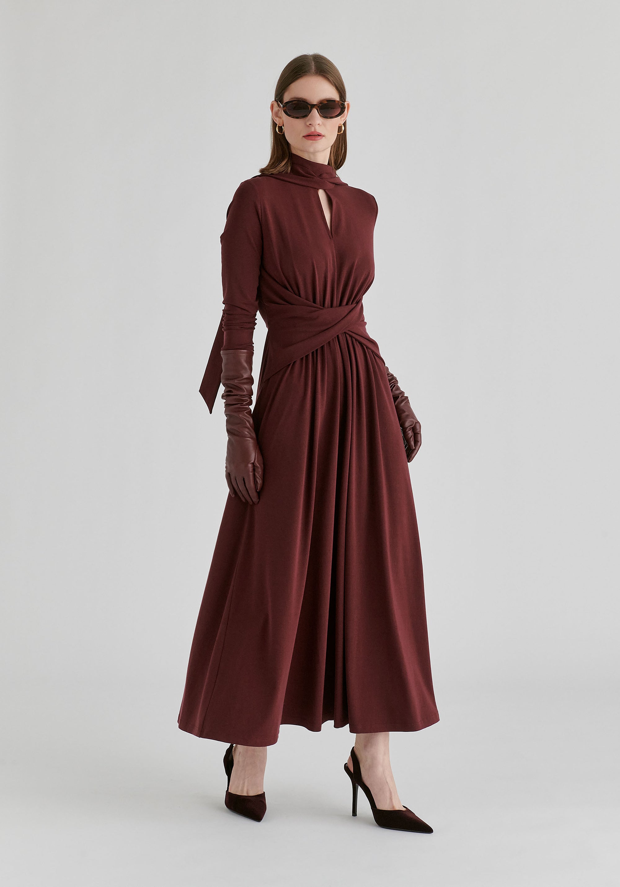 Lyocell Jersey Midi Dress with Cross Front Waist and Convertible Scarf