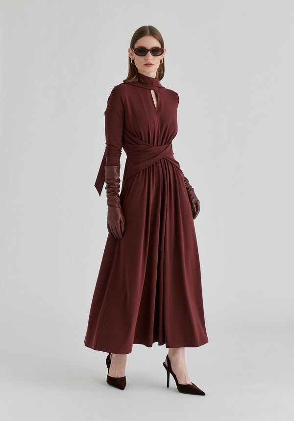 Lyocell Jersey Midi Dress with Cross Front Waist and Convertible Scarf in WIne Front
