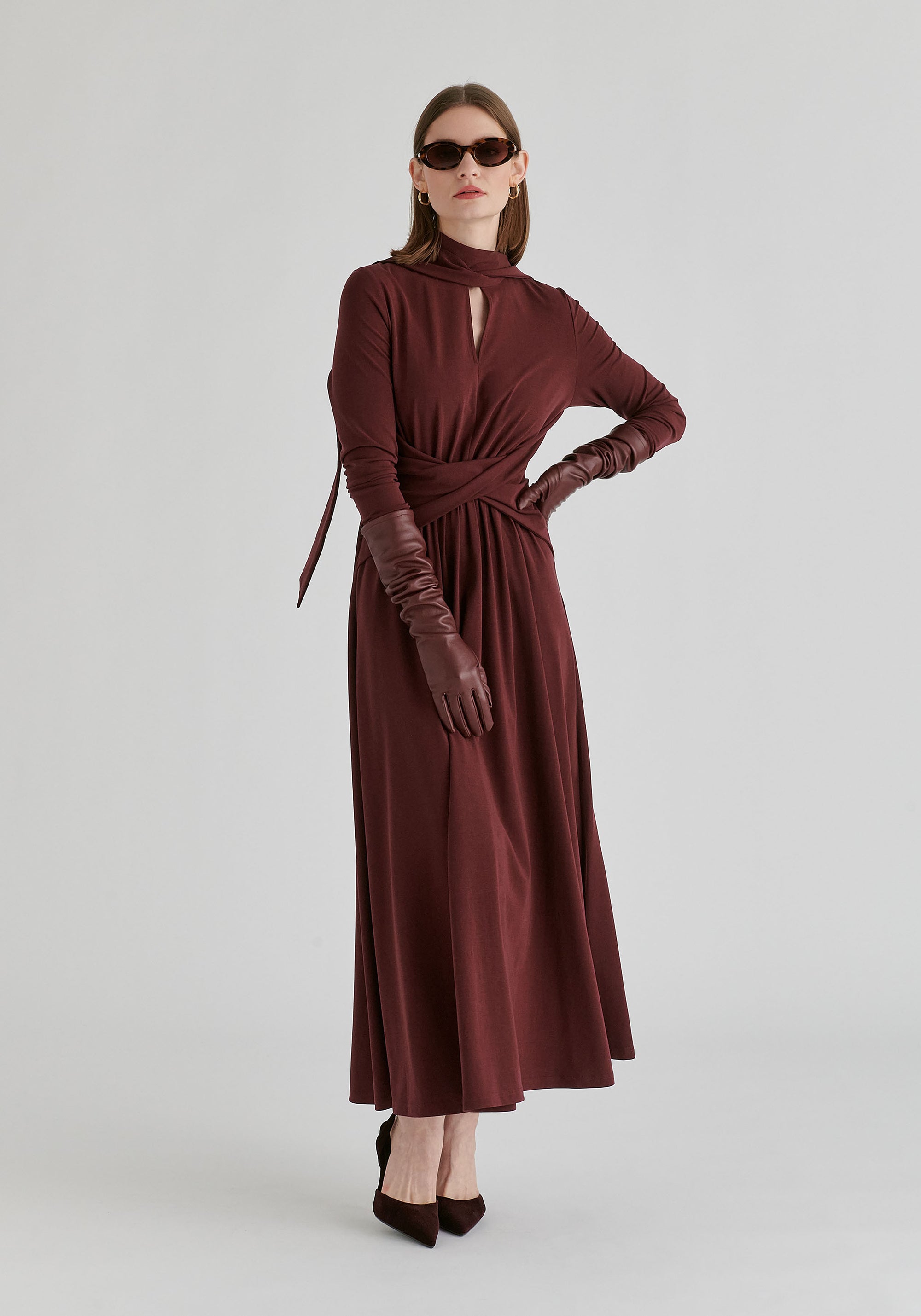 Lyocell Jersey Midi Dress with Cross Front Waist and Convertible Scarf