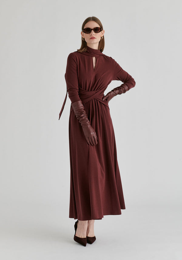 Lyocell Jersey Midi Dress with Cross Front Waist and Convertible Scarf in WIne Front
