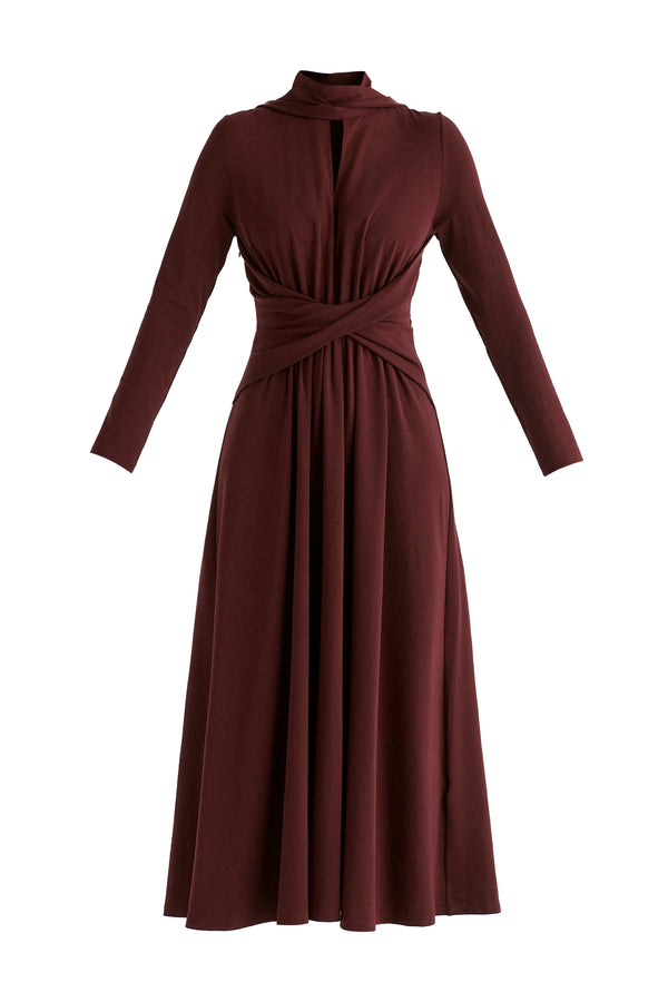 Lyocell Jersey Midi Dress with Cross Front Waist and Convertible Scarf in WIne Cutout