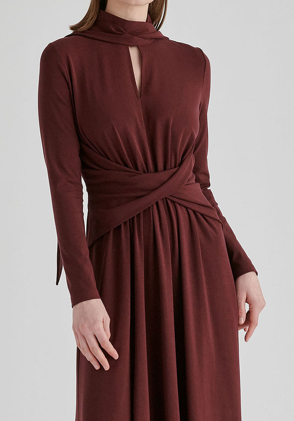 Lyocell Jersey Midi Dress with Cross Front Waist and Convertible Scarf in WIne Front Closeup