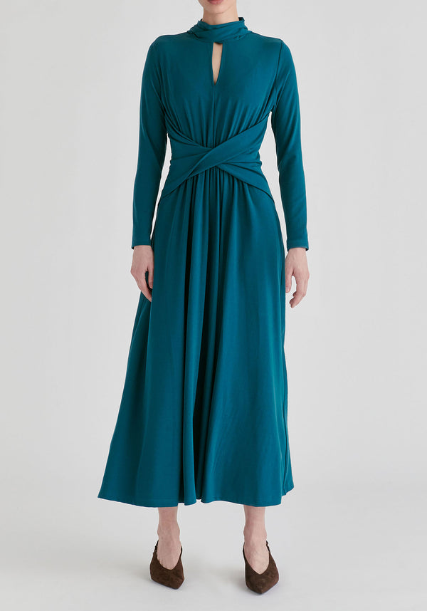 Lyocell Jersey Midi Dress with Cross Front Waist and Convertible Scarf