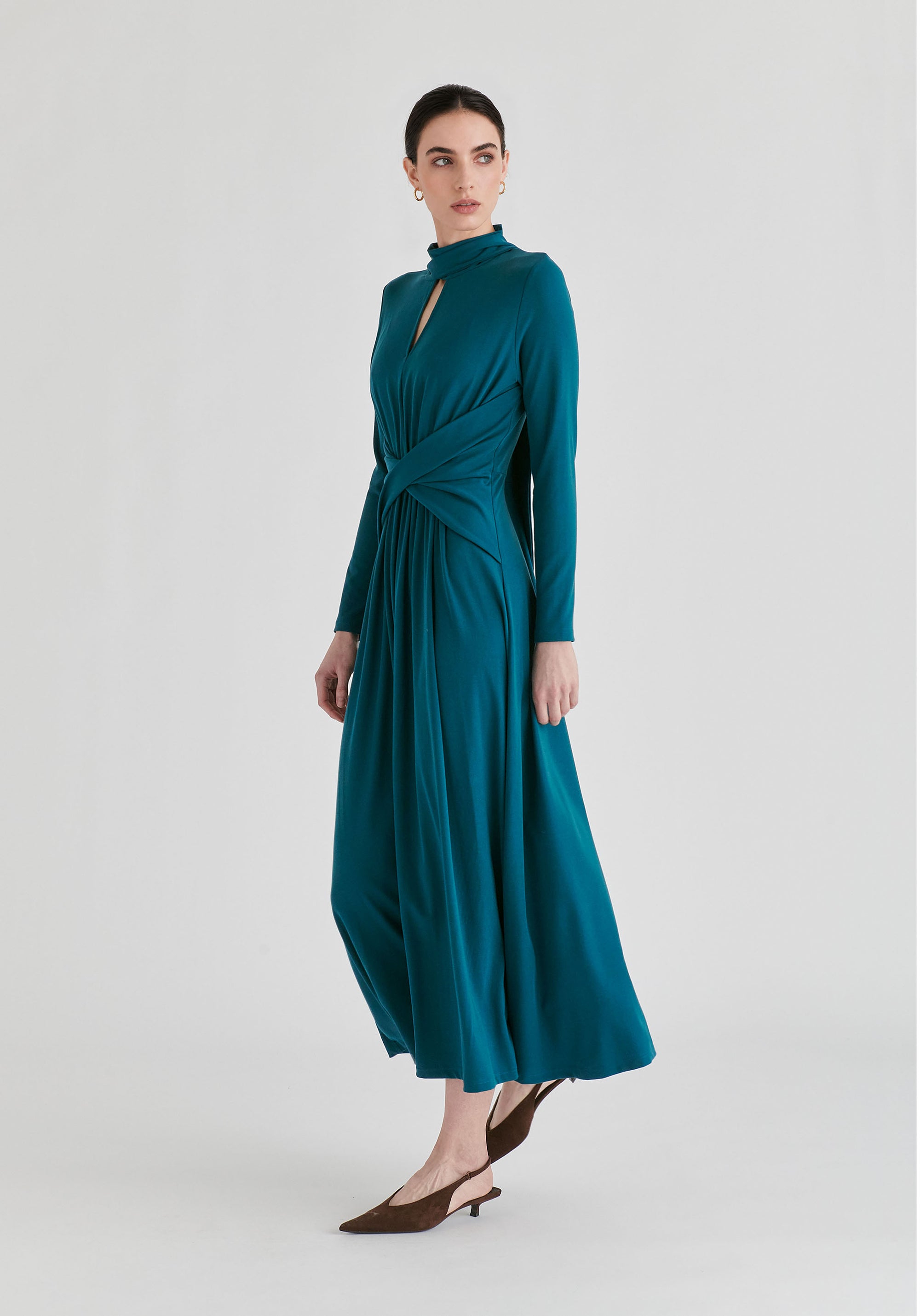 Lyocell Jersey Midi Dress with Cross Front Waist and Convertible Scarf