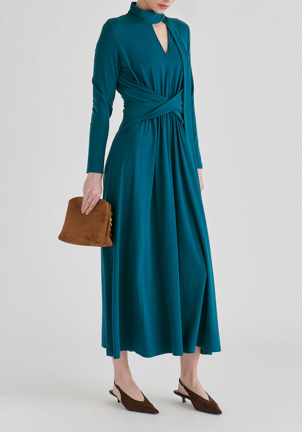 Lyocell Jersey Midi Dress with Cross Front Waist and Convertible Scarf