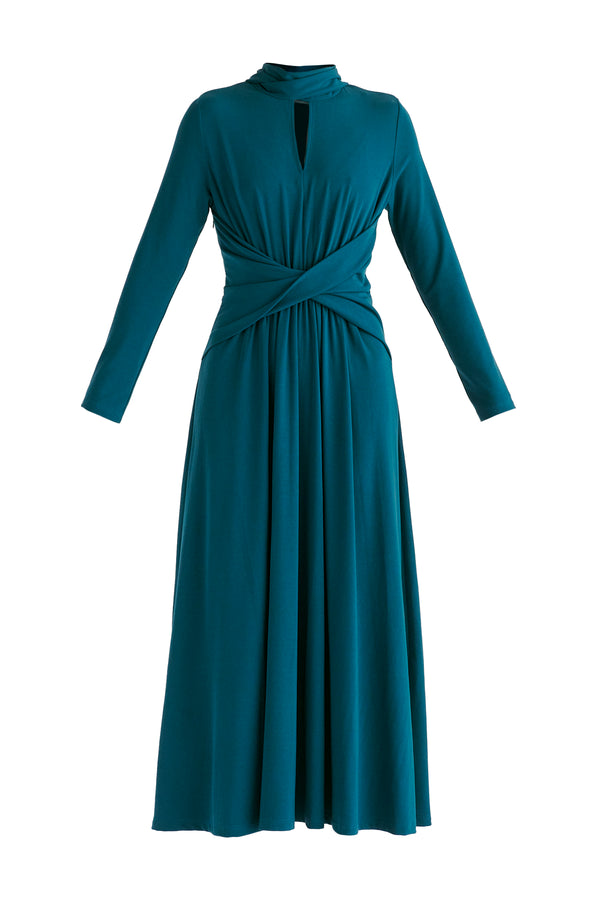 Lyocell Jersey Midi Dress with Cross Front Waist and Convertible Scarf in Ocean Blue Cutout
