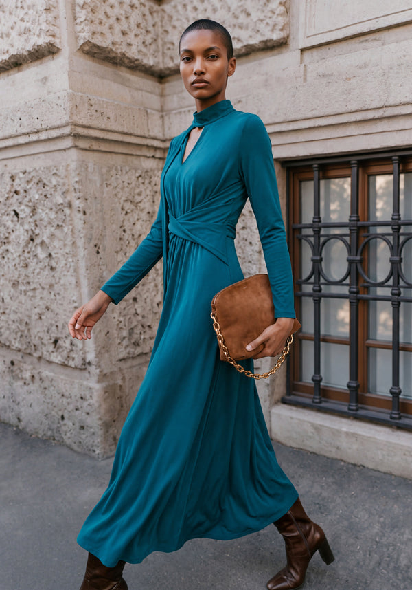 Lyocell Jersey Midi Dress with Cross Front Waist and Convertible Scarf