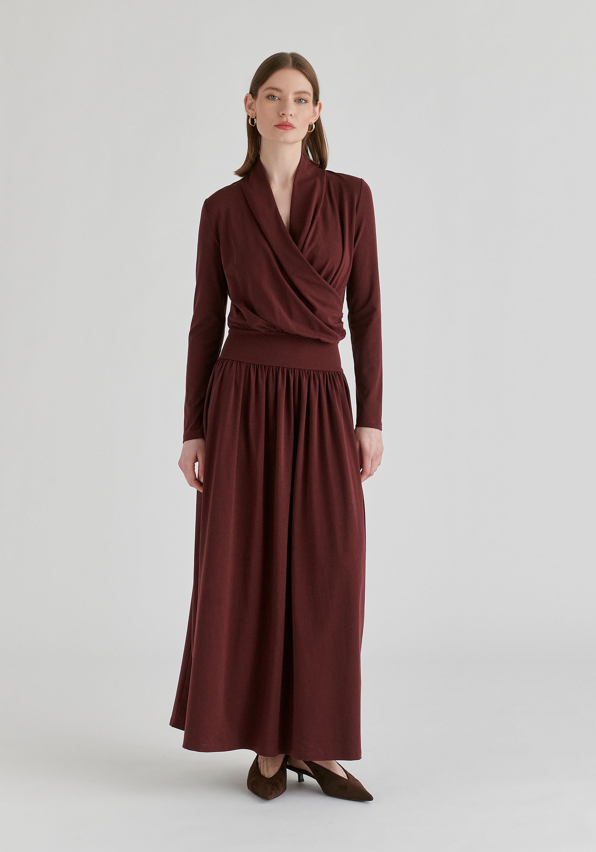 Surplice V-Neck Lyocell Jersey Maxi Dress with Wide Waistband