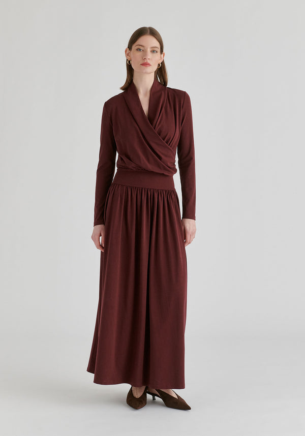 Surplice V-Neck Lyocell Jersey Maxi Dress with Wide Waistband in Wine Front