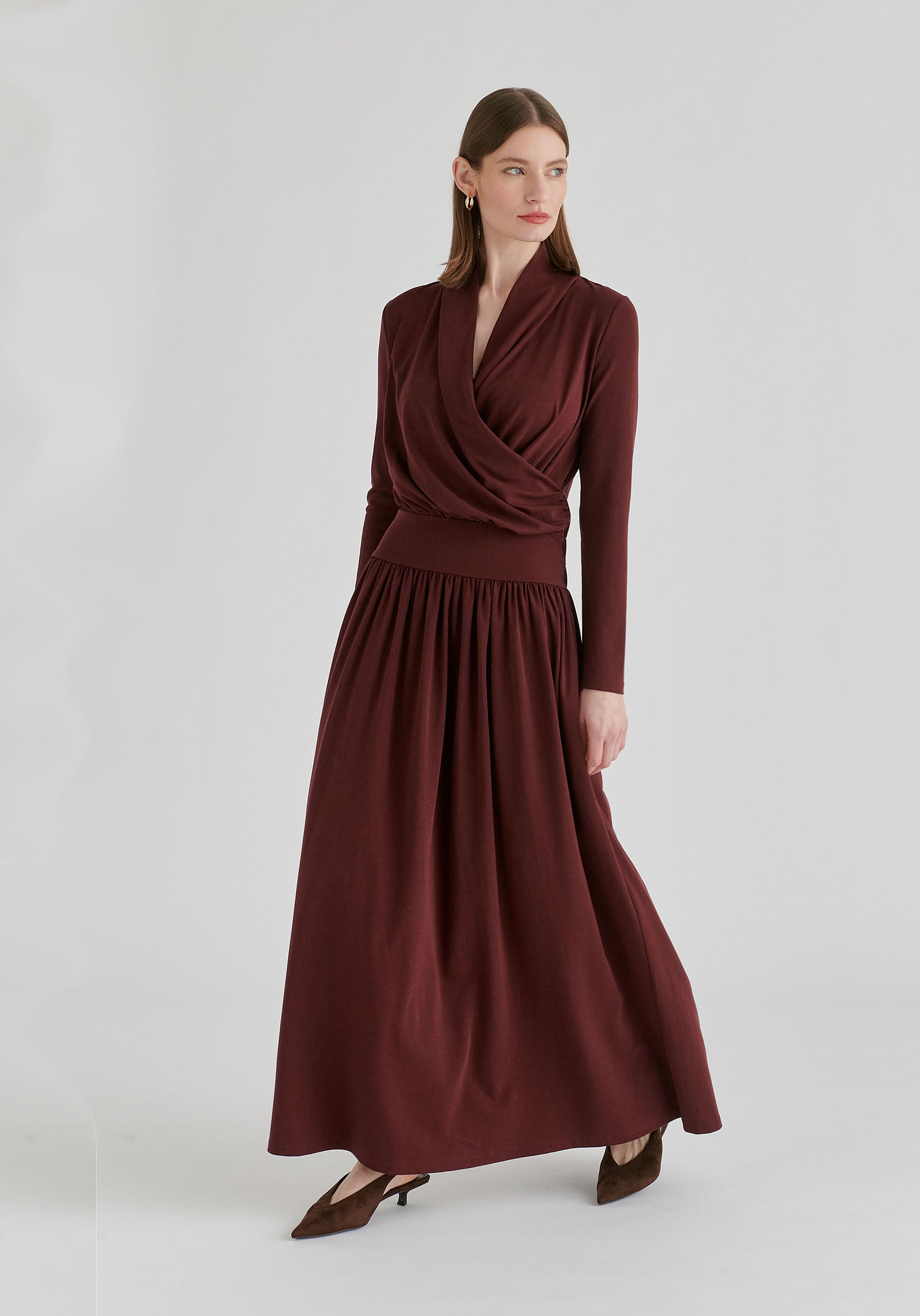 Surplice V-Neck Lyocell Jersey Maxi Dress with Wide Waistband