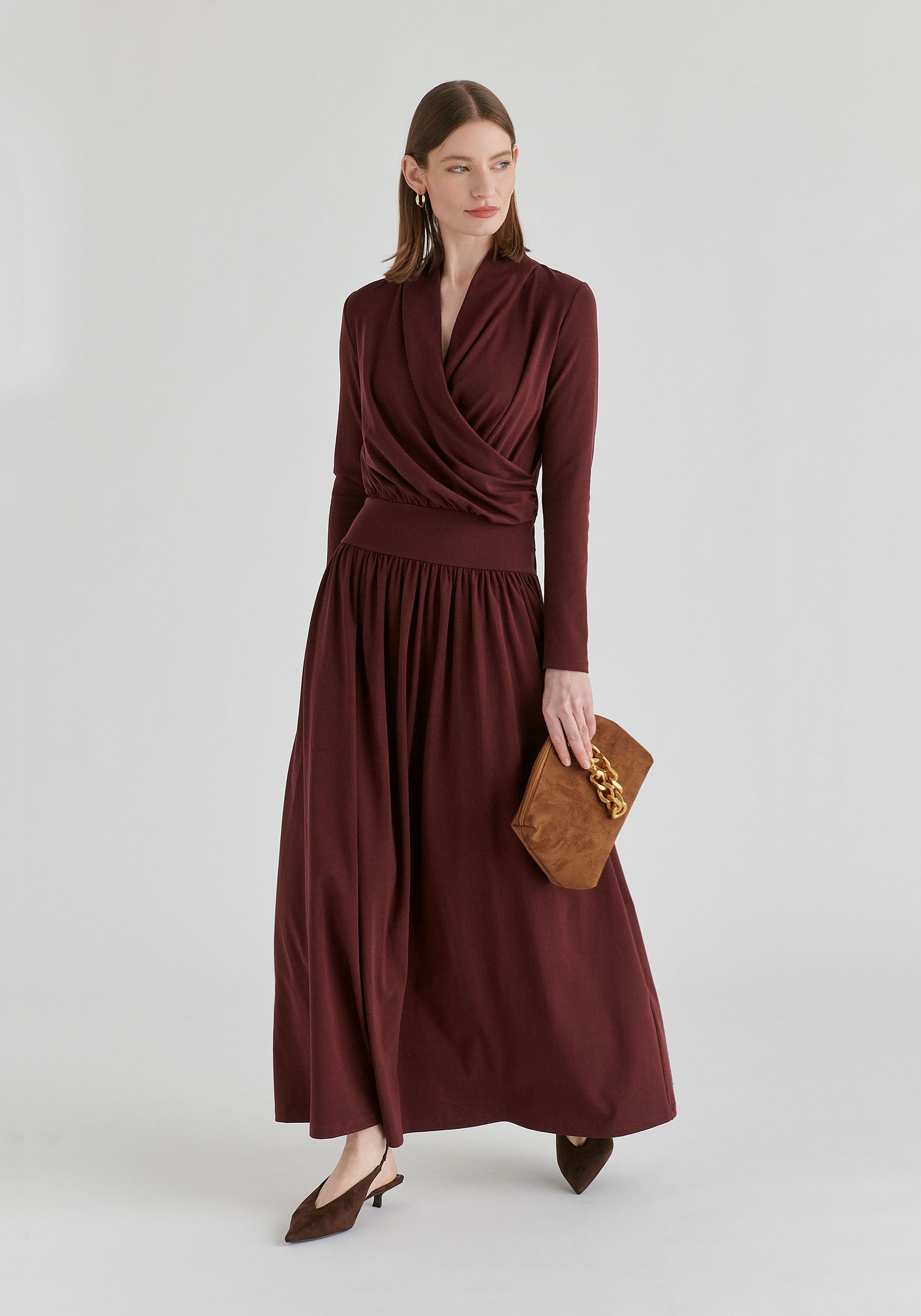 Surplice V-Neck Lyocell Jersey Maxi Dress with Wide Waistband