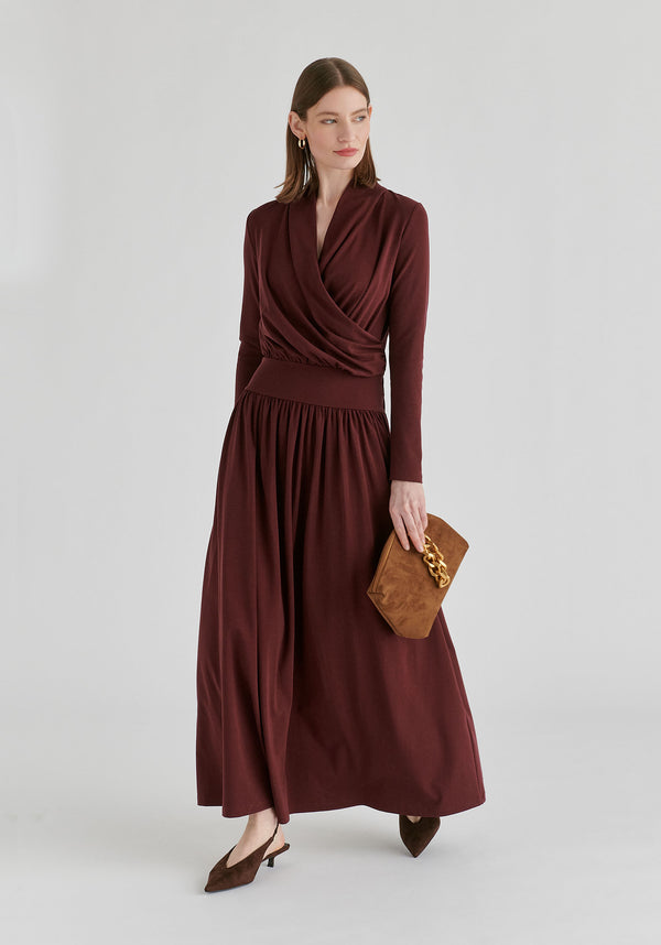 Surplice V-Neck Lyocell Jersey Maxi Dress with Wide Waistband in Wine Side
