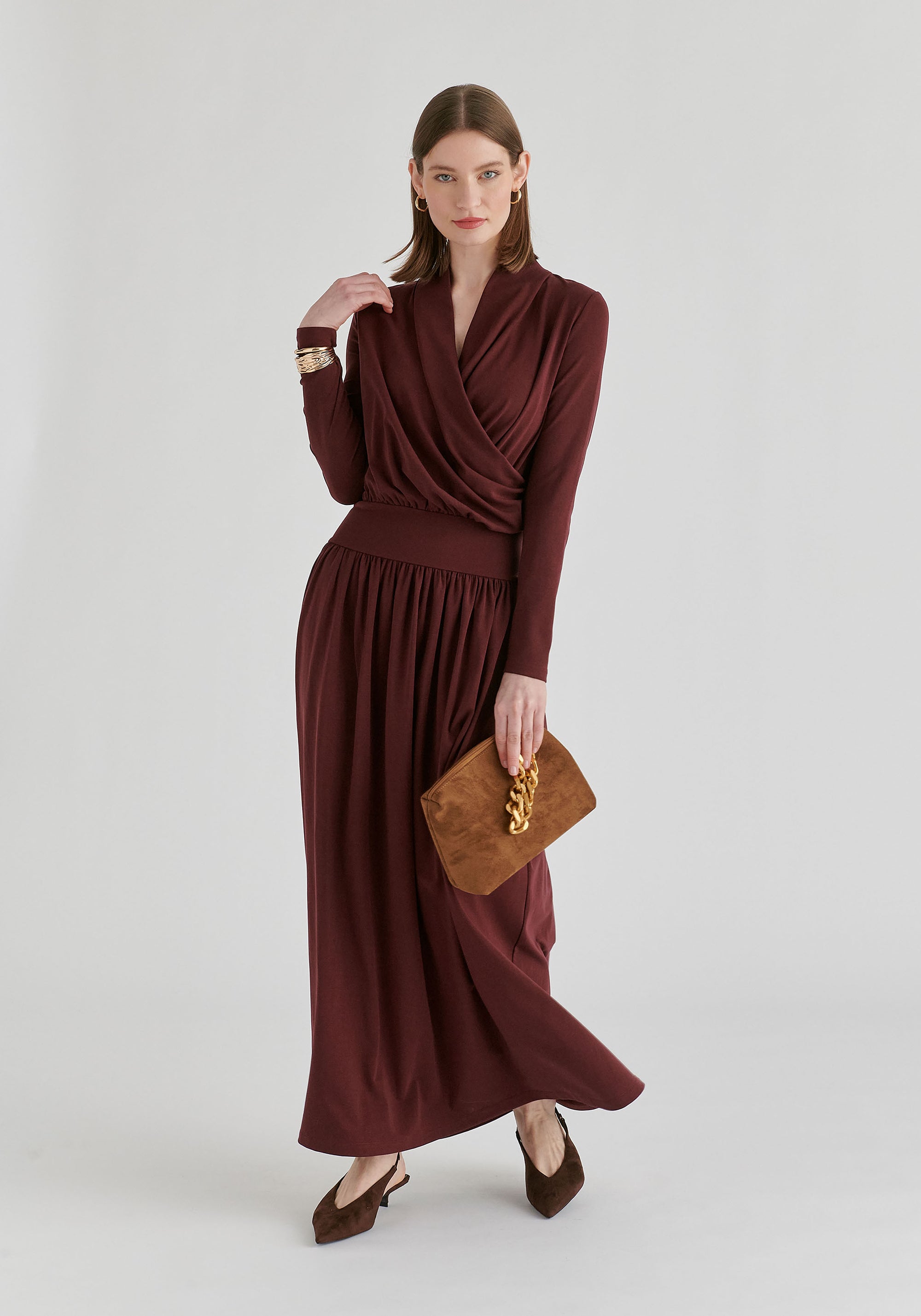 Surplice V-Neck Lyocell Jersey Maxi Dress with Wide Waistband