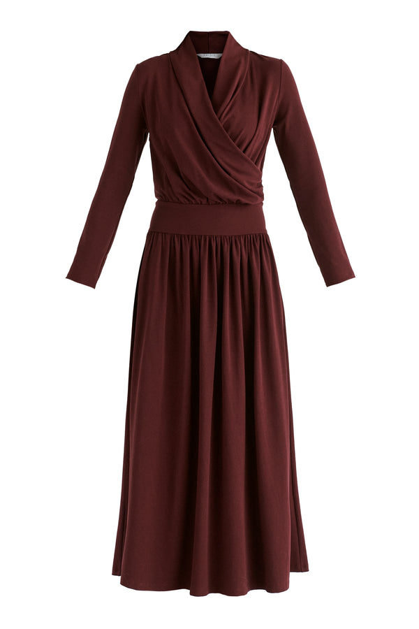 Surplice V-Neck Lyocell Jersey Maxi Dress with Wide Waistband in WIne Cutout