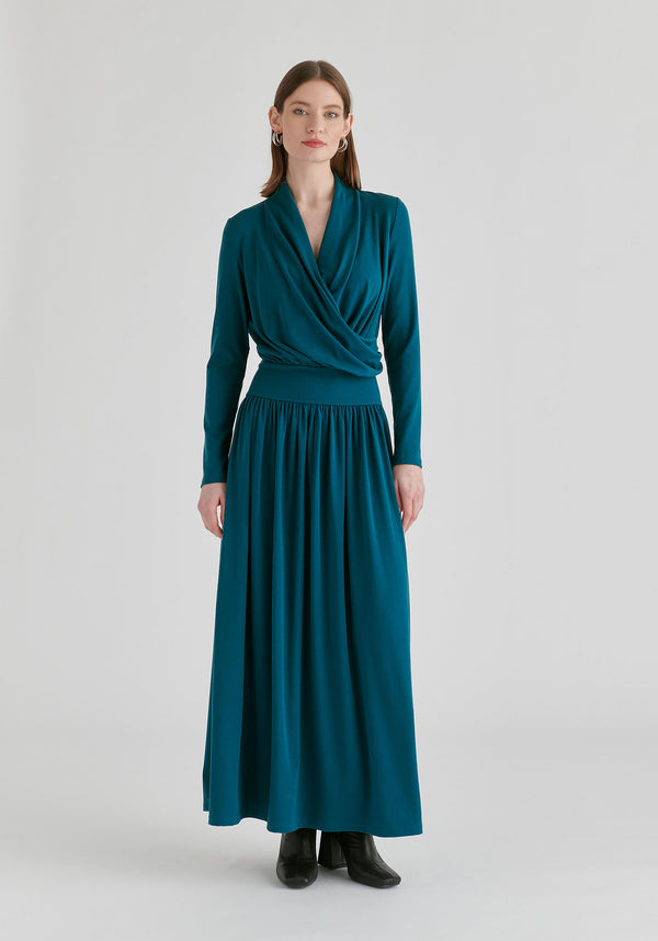 Surplice V-Neck Lyocell Jersey Maxi Dress with Wide Waistband in Ocean Blue Front