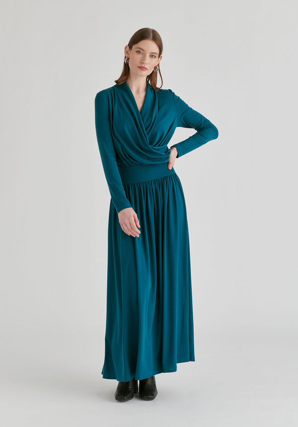 Surplice V-Neck Lyocell Jersey Maxi Dress with Wide Waistband in Ocean Blue Front