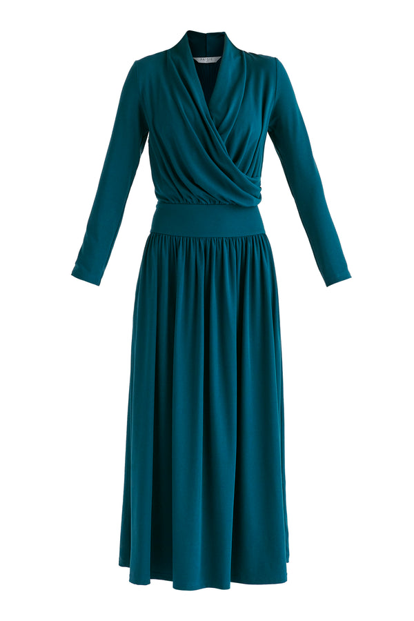 Surplice V-Neck Lyocell Jersey Maxi Dress with Wide Waistband in Ocean Blue Cutout