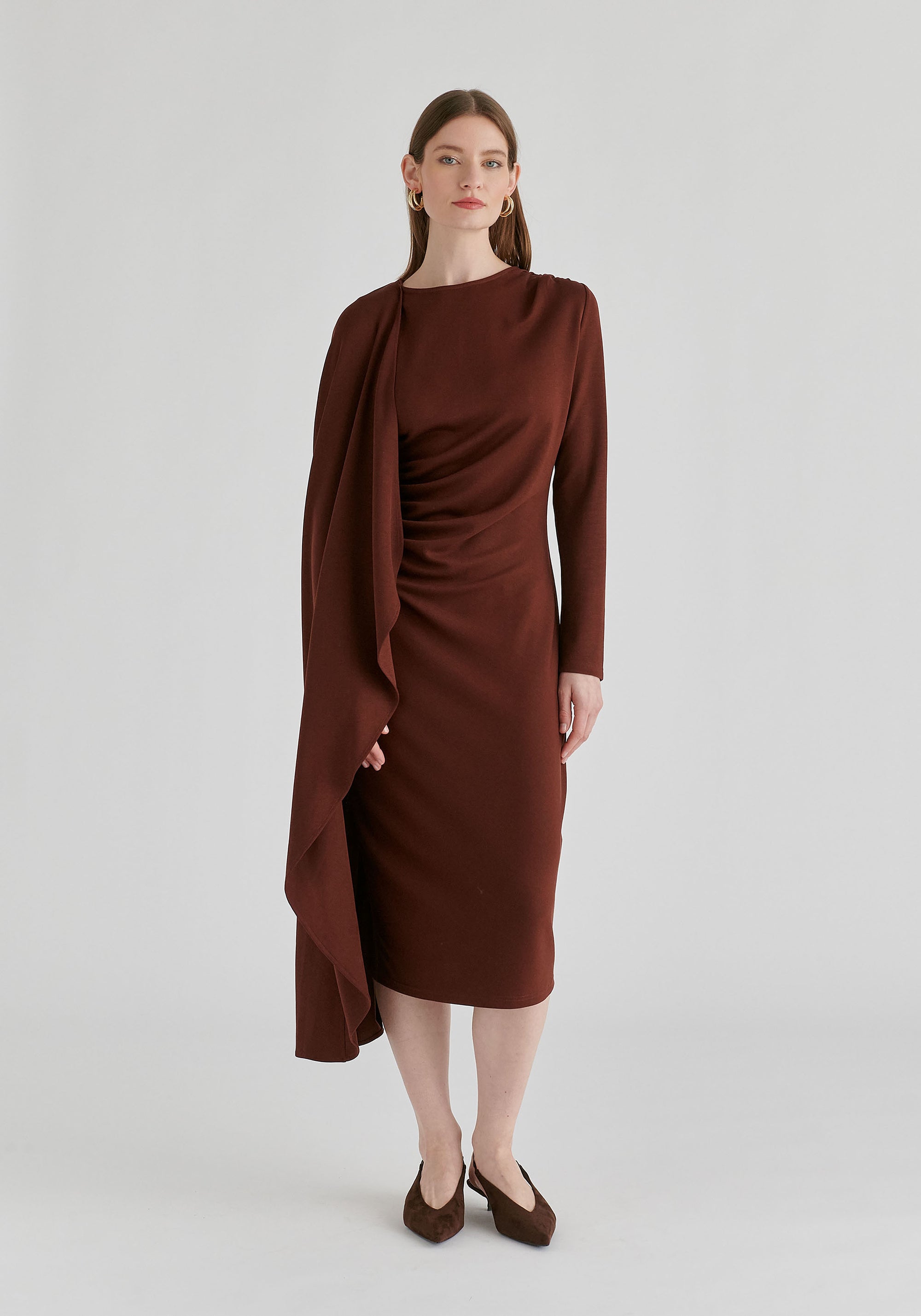 Asymmetrical Cape Sleeve Lyocell Jersey Midi Dress