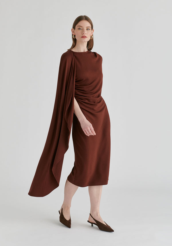 Asymmetrical Cape Sleeve Lyocell Jersey Midi Dress in Brown Side