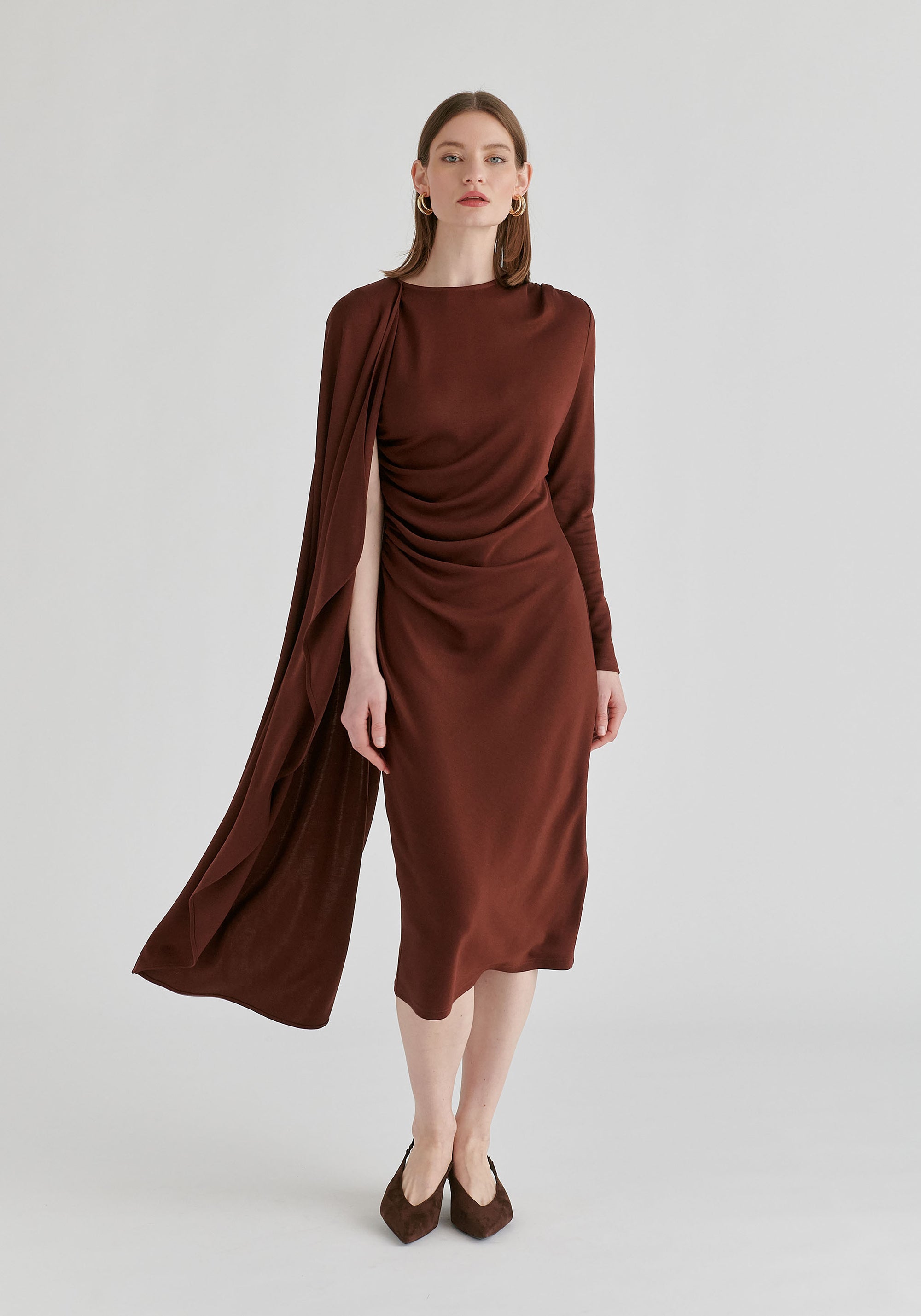 Asymmetrical Cape Sleeve Lyocell Jersey Midi Dress