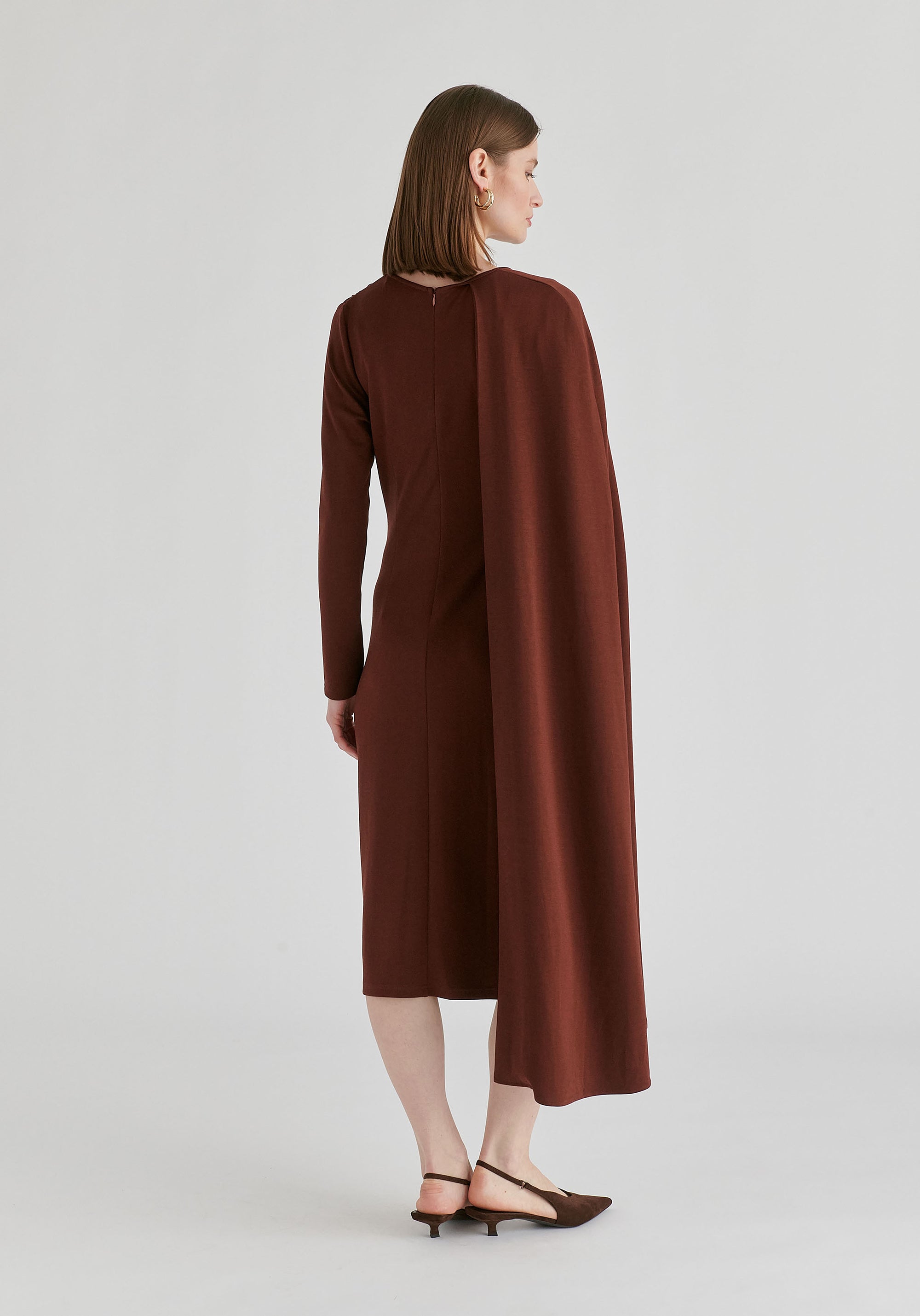 Asymmetrical Cape Sleeve Lyocell Jersey Midi Dress