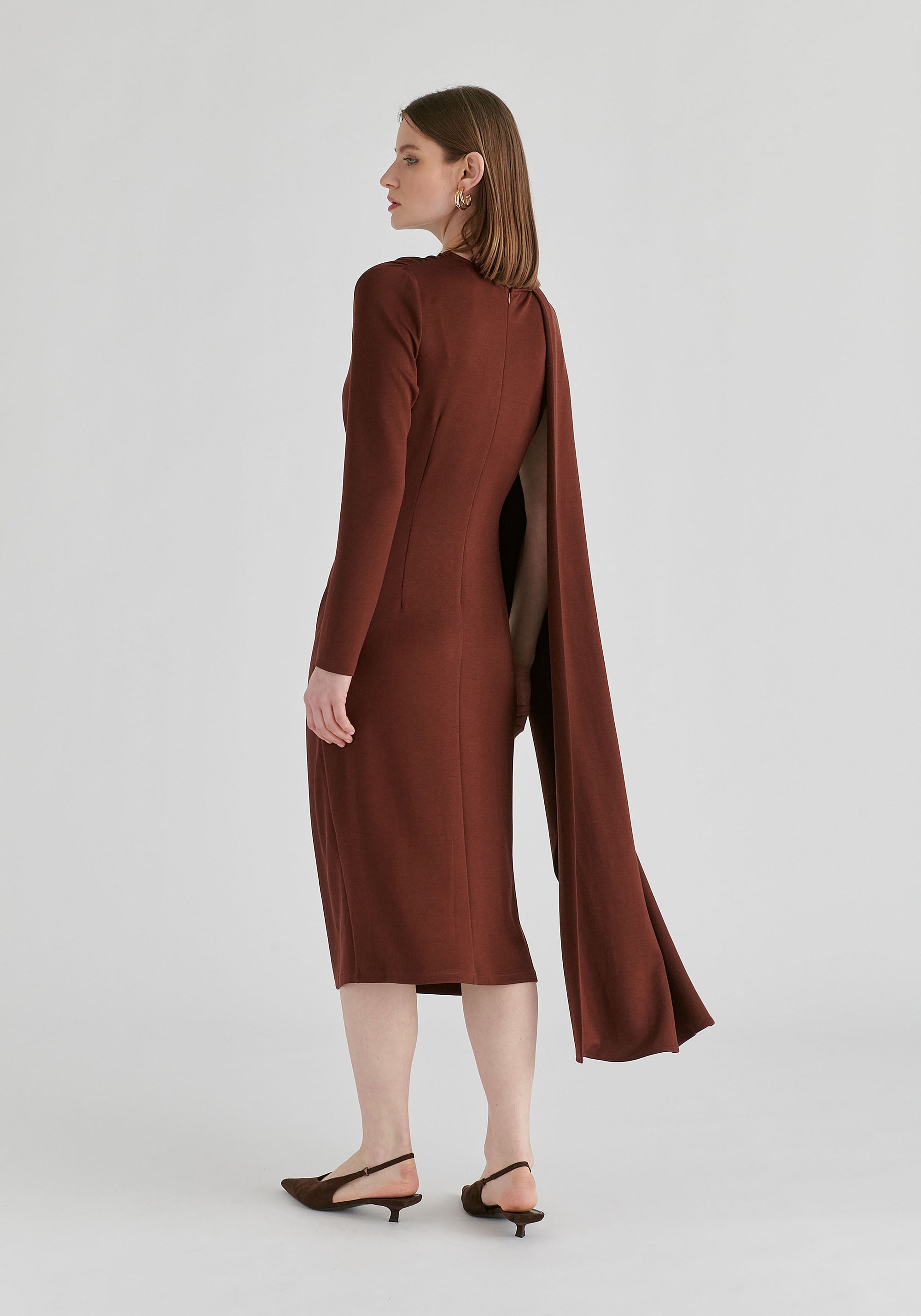 Asymmetrical Cape Sleeve Lyocell Jersey Midi Dress