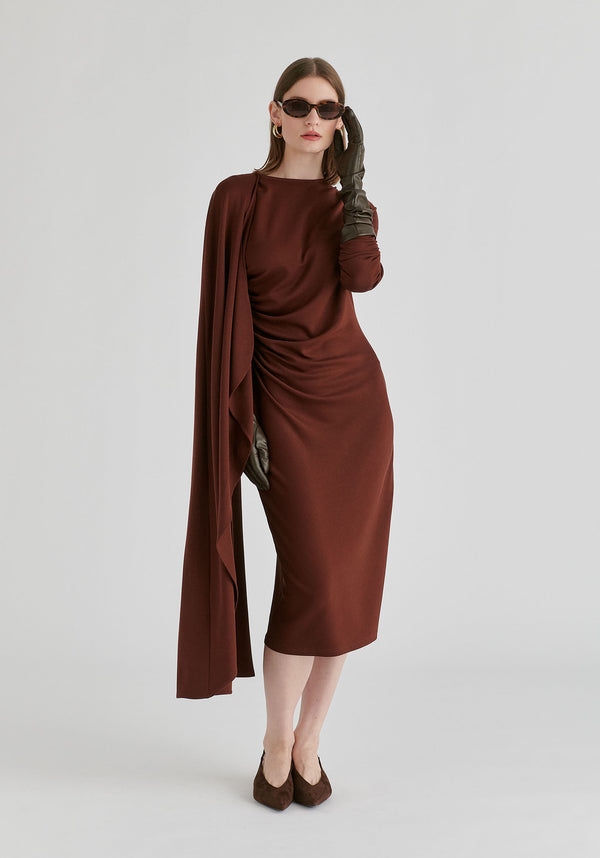 Asymmetrical Cape Sleeve Lyocell Jersey Midi Dress in Brown Front