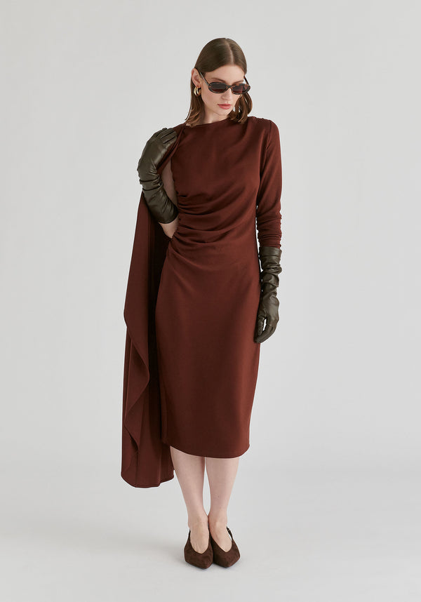 Asymmetrical Cape Sleeve Lyocell Jersey Midi Dress in Brown Front