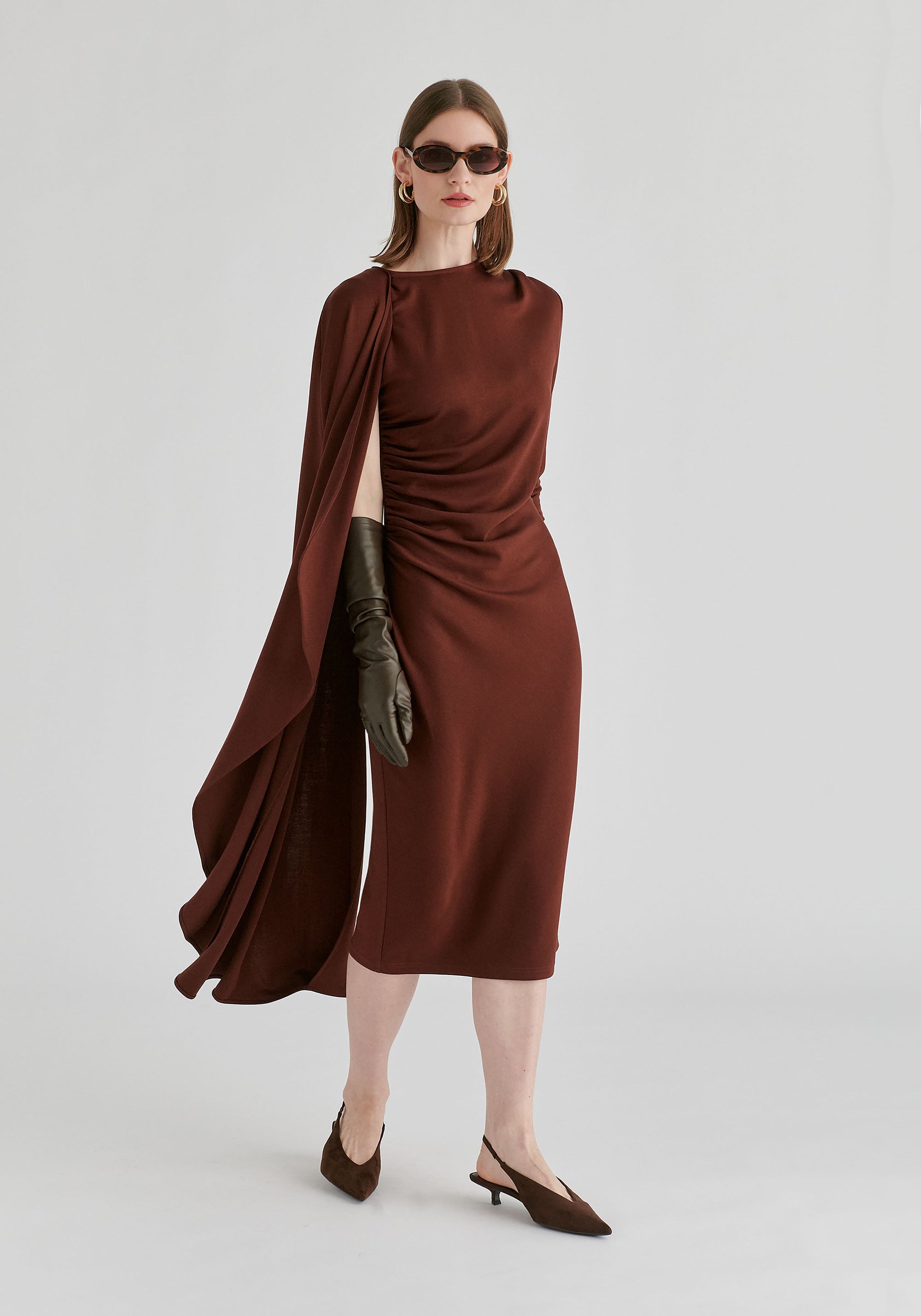 Asymmetrical Cape Sleeve Lyocell Jersey Midi Dress