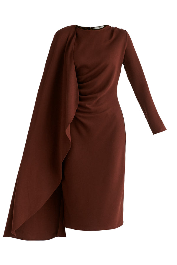 Asymmetrical Cape Sleeve Lyocell Jersey Midi Dress in Brown Cutout