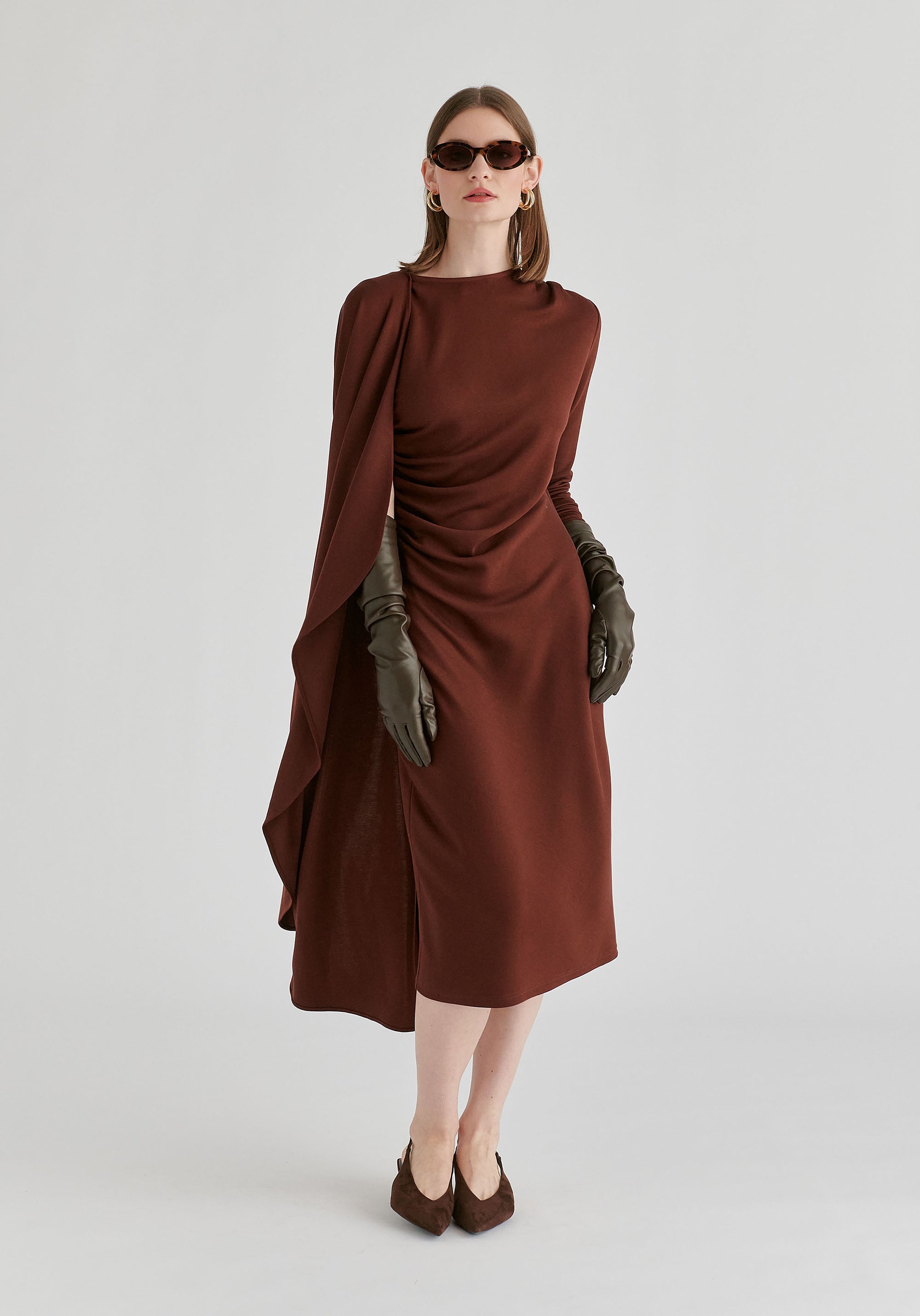 Asymmetrical Cape Sleeve Lyocell Jersey Midi Dress