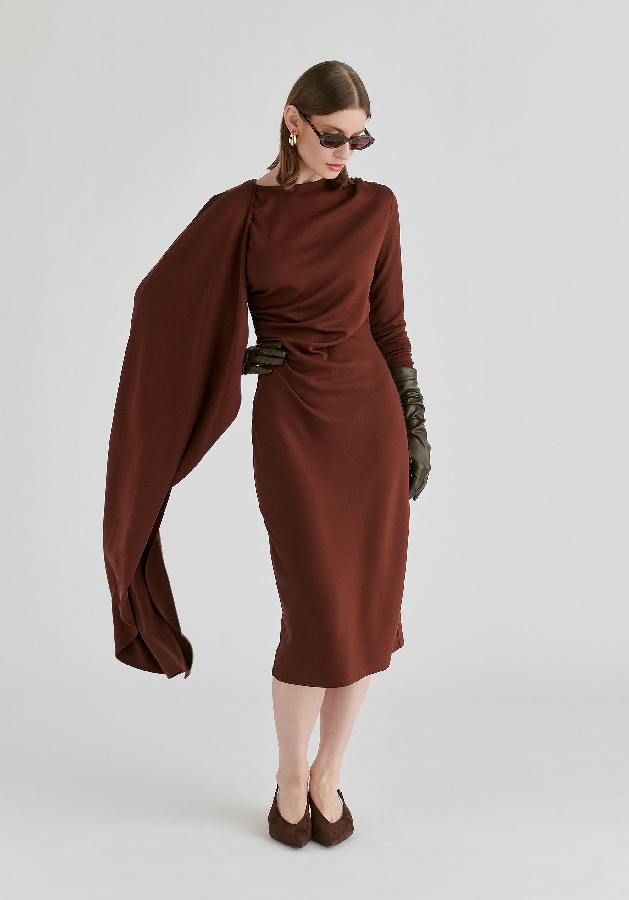 Asymmetrical Cape Sleeve Lyocell Jersey Midi Dress