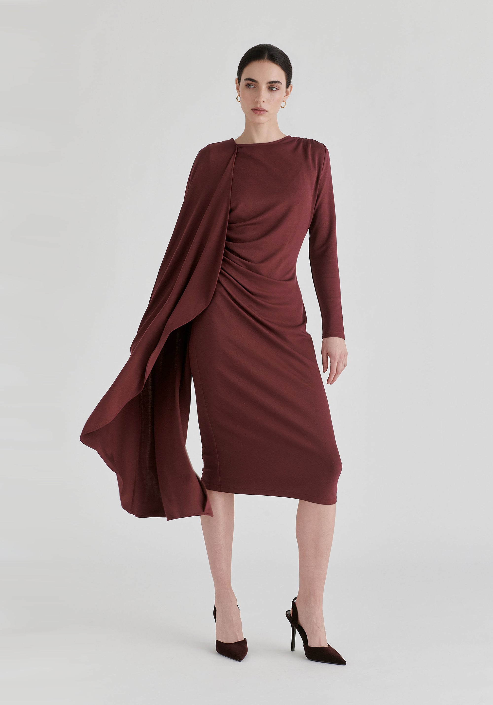 Asymmetrical Cape Sleeve Lyocell Jersey Midi Dress