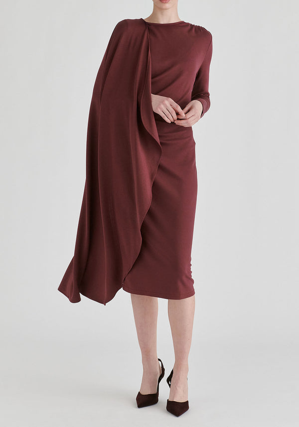 Asymmetrical Cape Sleeve Lyocell Jersey Midi Dress