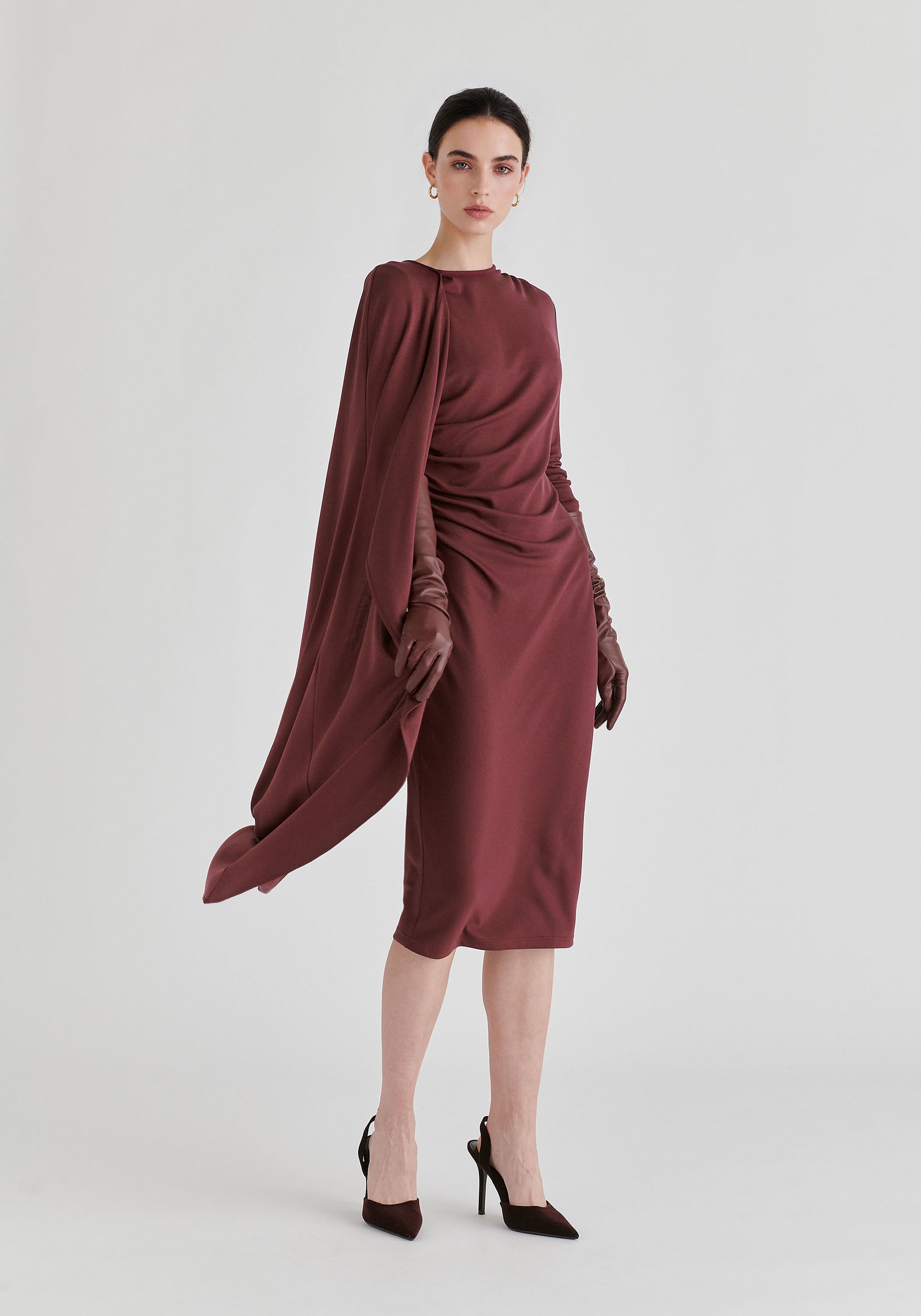Asymmetrical Cape Sleeve Lyocell Jersey Midi Dress