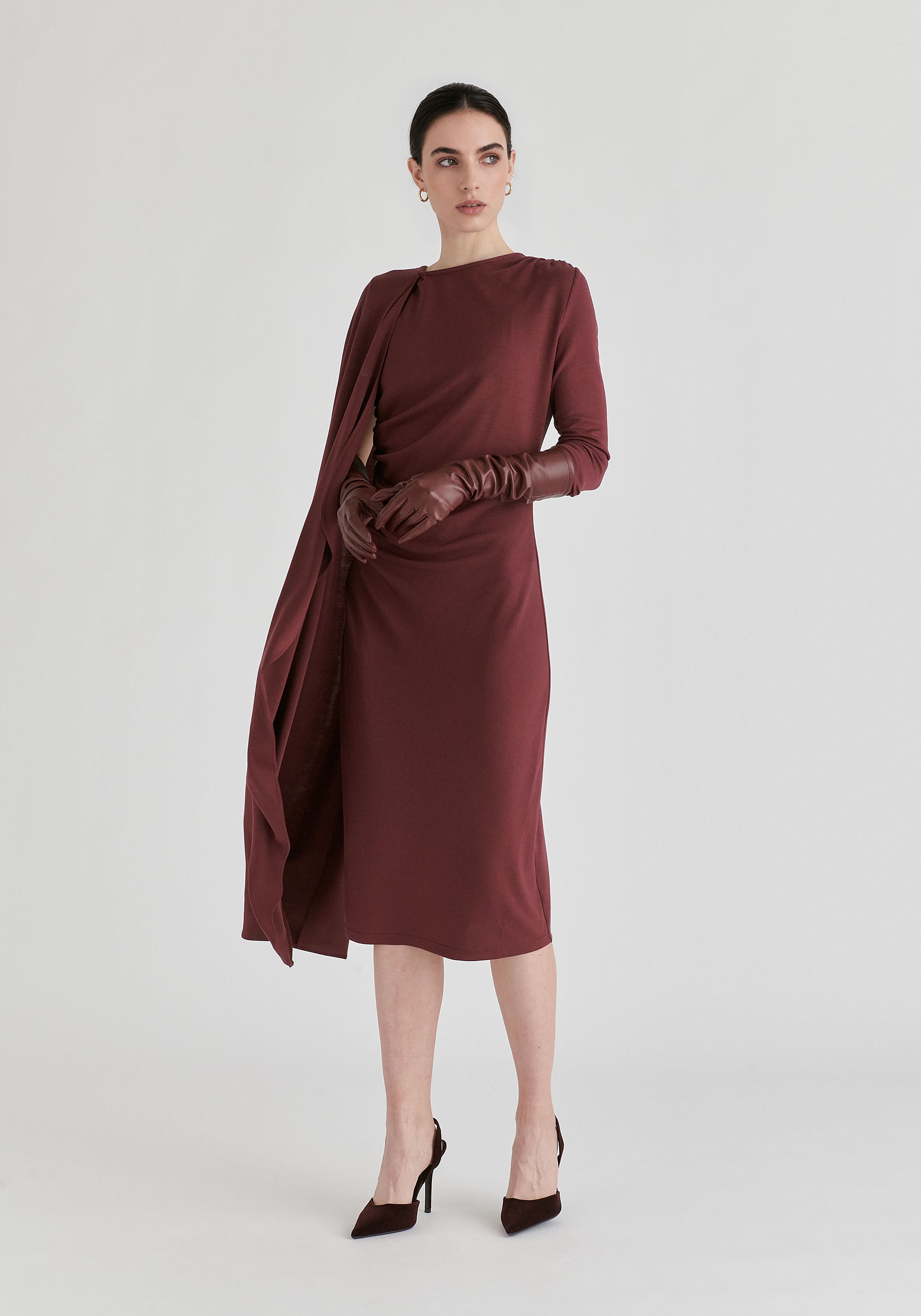 Asymmetrical Cape Sleeve Lyocell Jersey Midi Dress