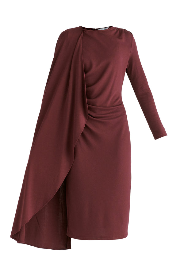 Asymmetrical Cape Sleeve Lyocell Jersey Midi Dress in Wine Cutout