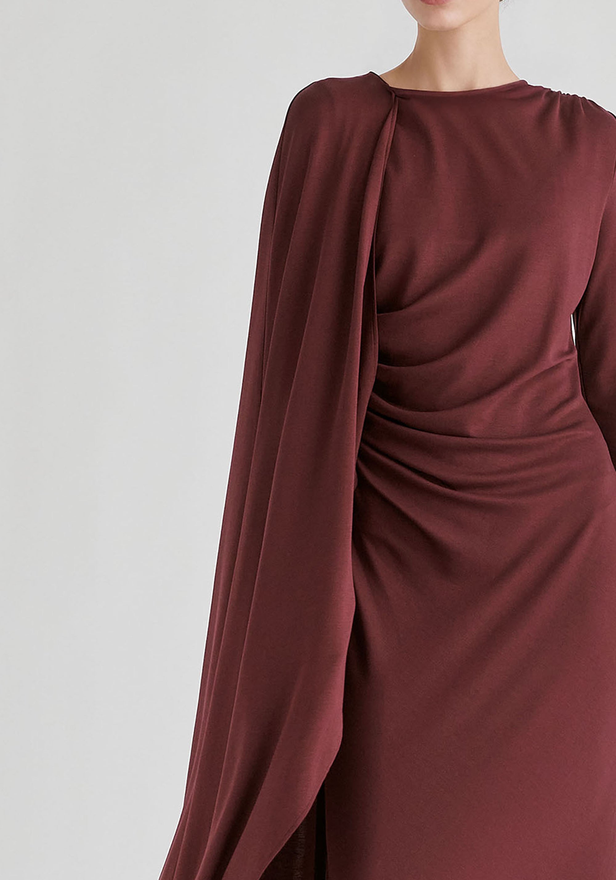 Asymmetrical Cape Sleeve Lyocell Jersey Midi Dress