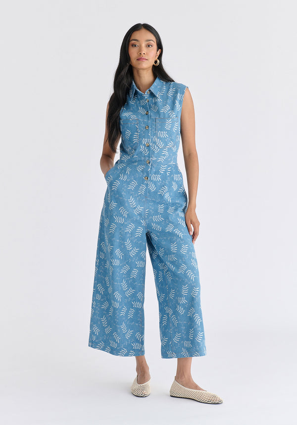 Wide Leg Denim Jumpsuits in Leaf Pattern
