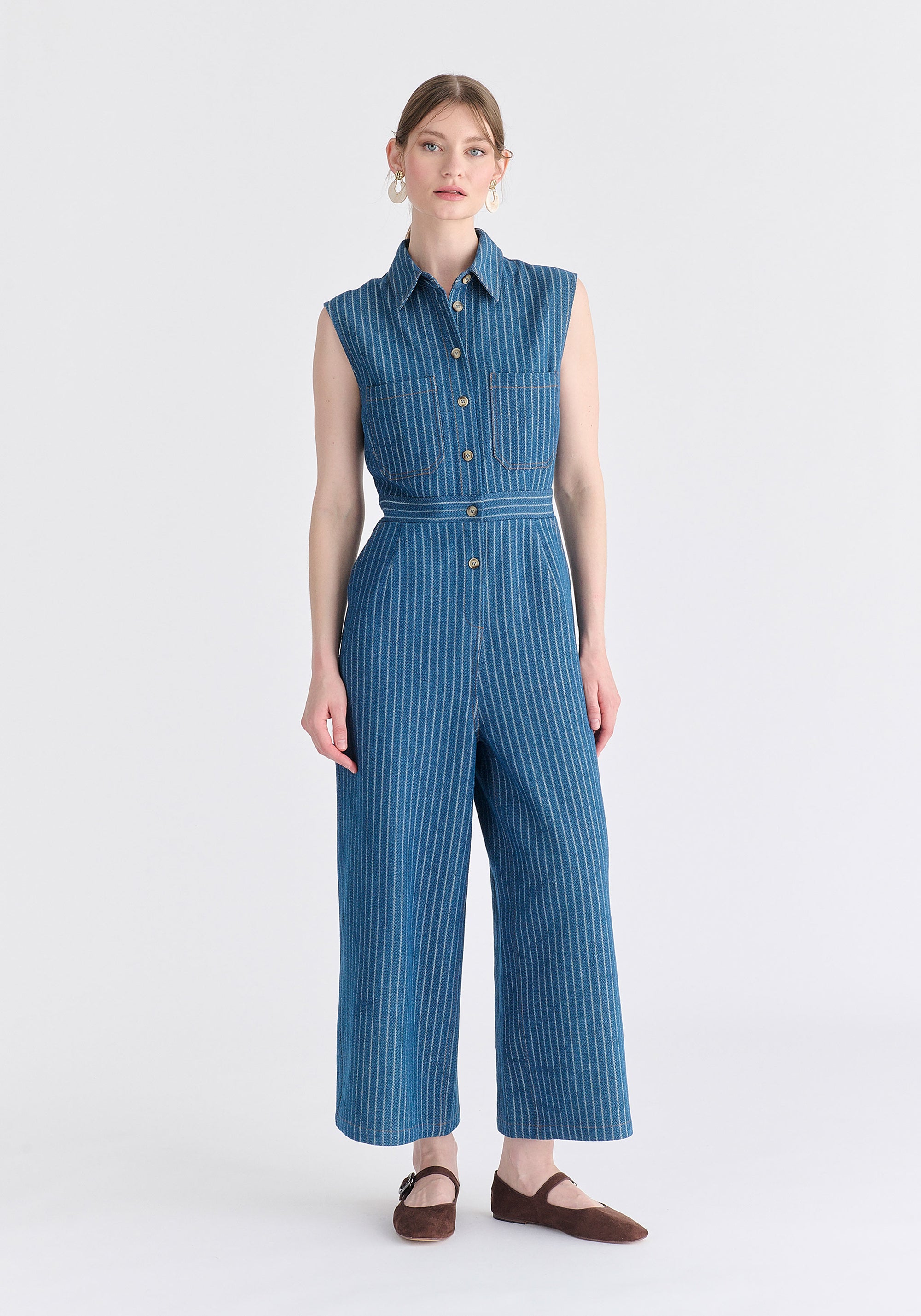 Wide Leg Denim Jumpsuits in Stripes in Denim Blue Front