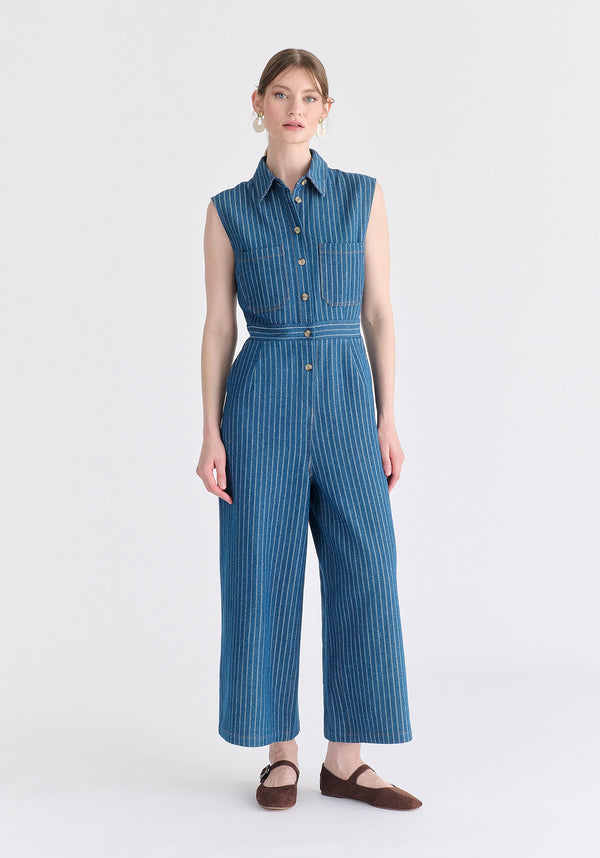 Wide Leg Denim Jumpsuits in Stripes in Denim Blue Front