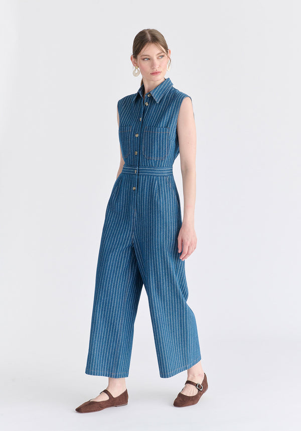 Wide Leg Denim Jumpsuits in Stripes in Denim Blue Side