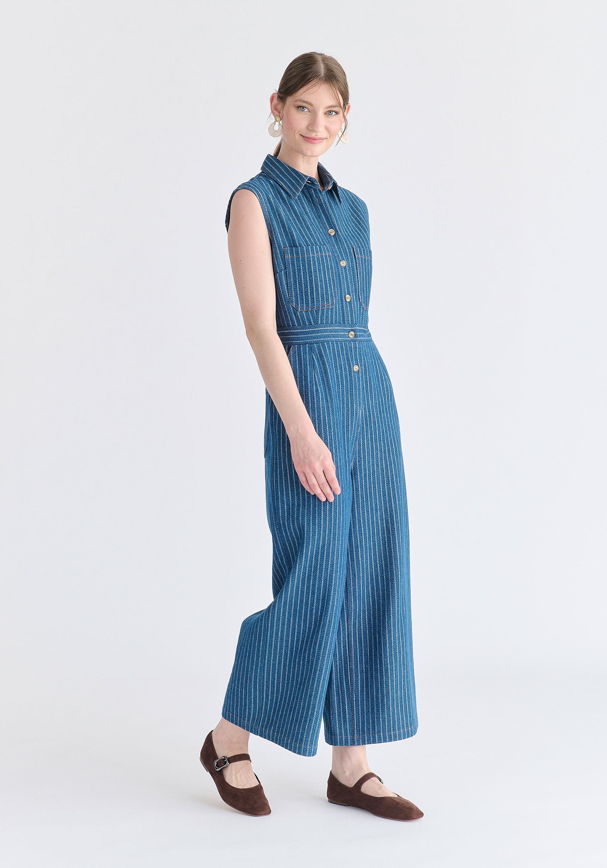 Wide Leg Denim Jumpsuits in Stripes in Denim Blue Side
