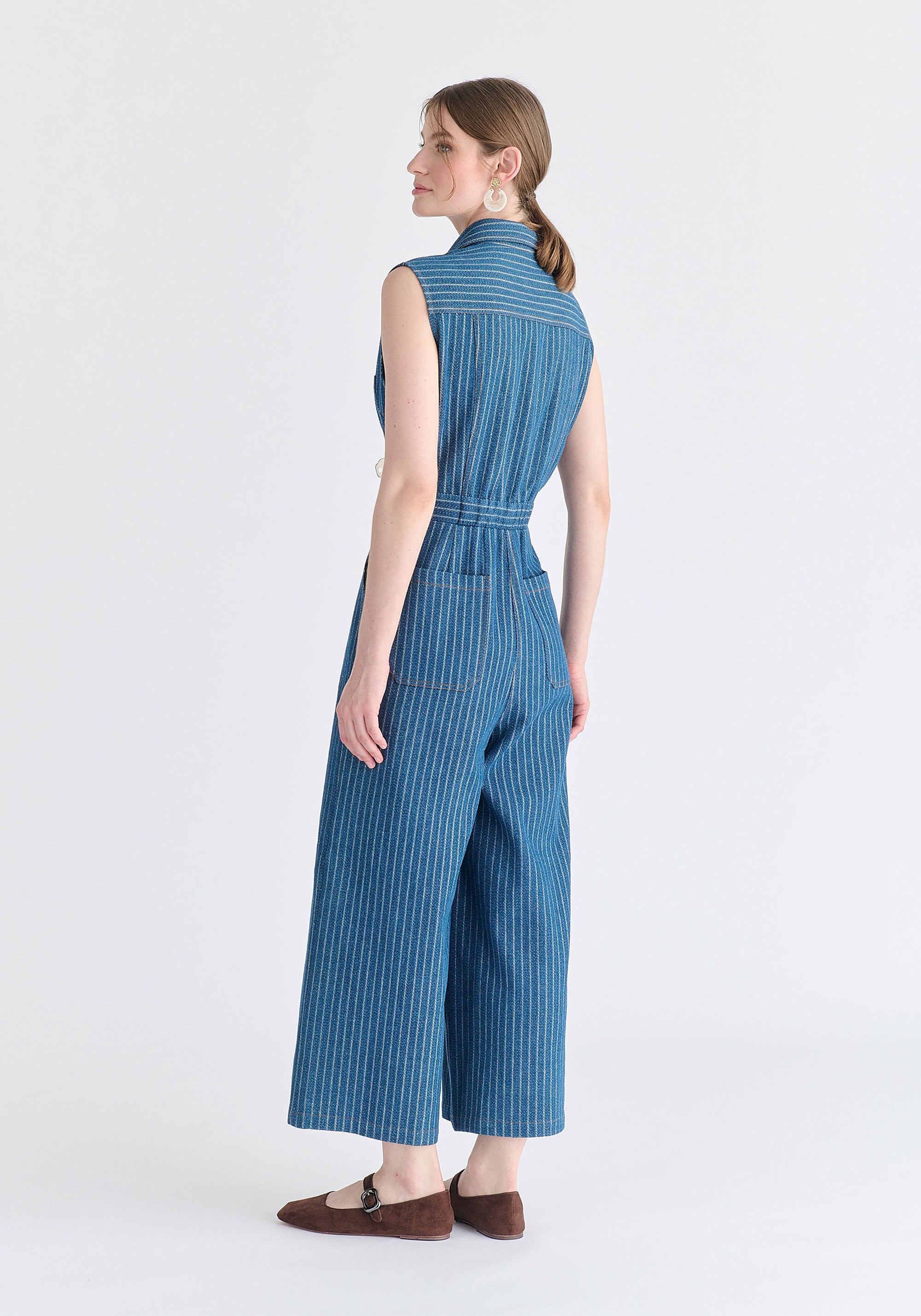 Wide Leg Denim Jumpsuits in Stripes in Denim Blue Back