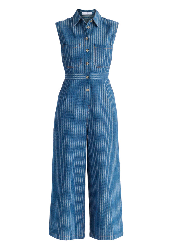 Wide Leg Denim Jumpsuits in Stripes in Denim Blue Cutout