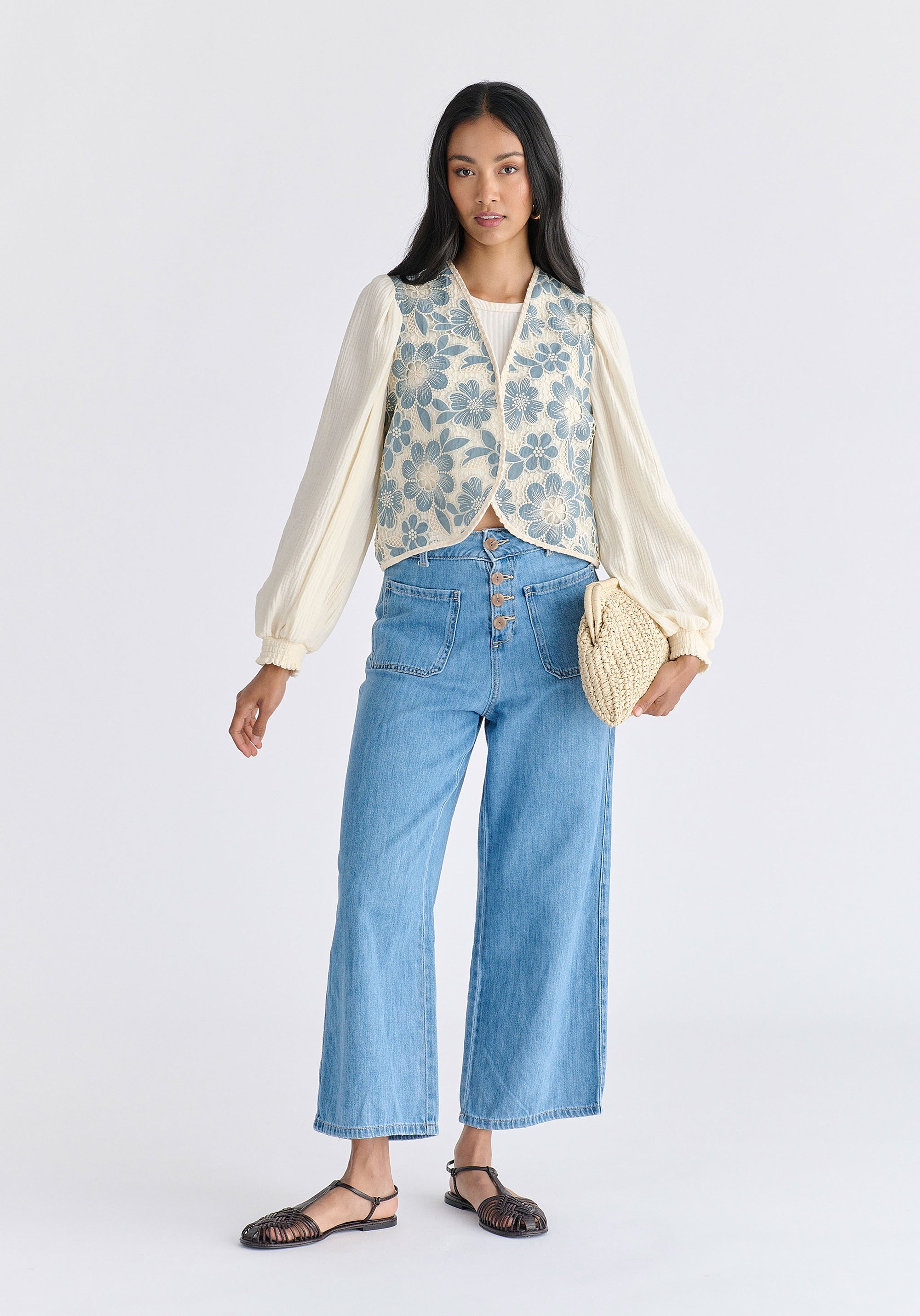 Cutwork Embroidery Cheesecloth Jacket in Light Blue Front