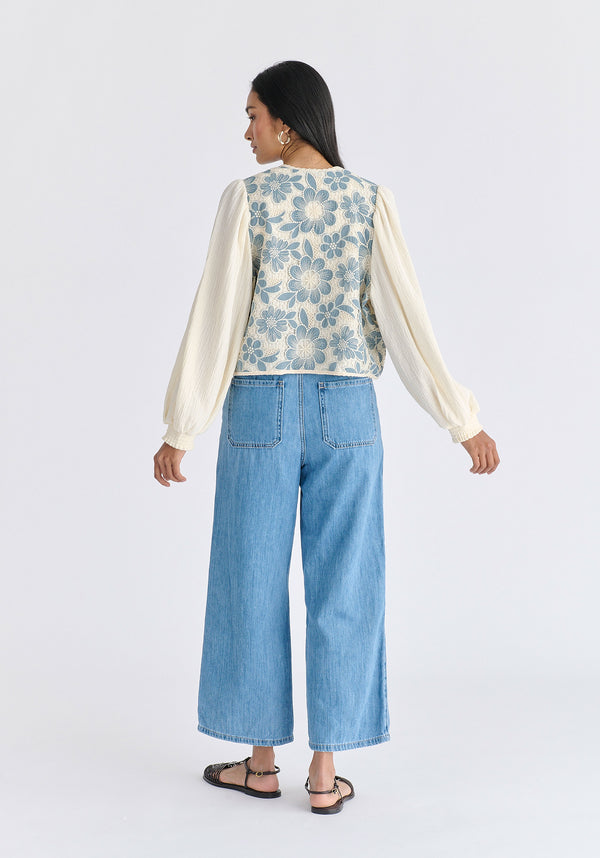Cutwork Embroidery Cheesecloth Jacket in Light Blue Back